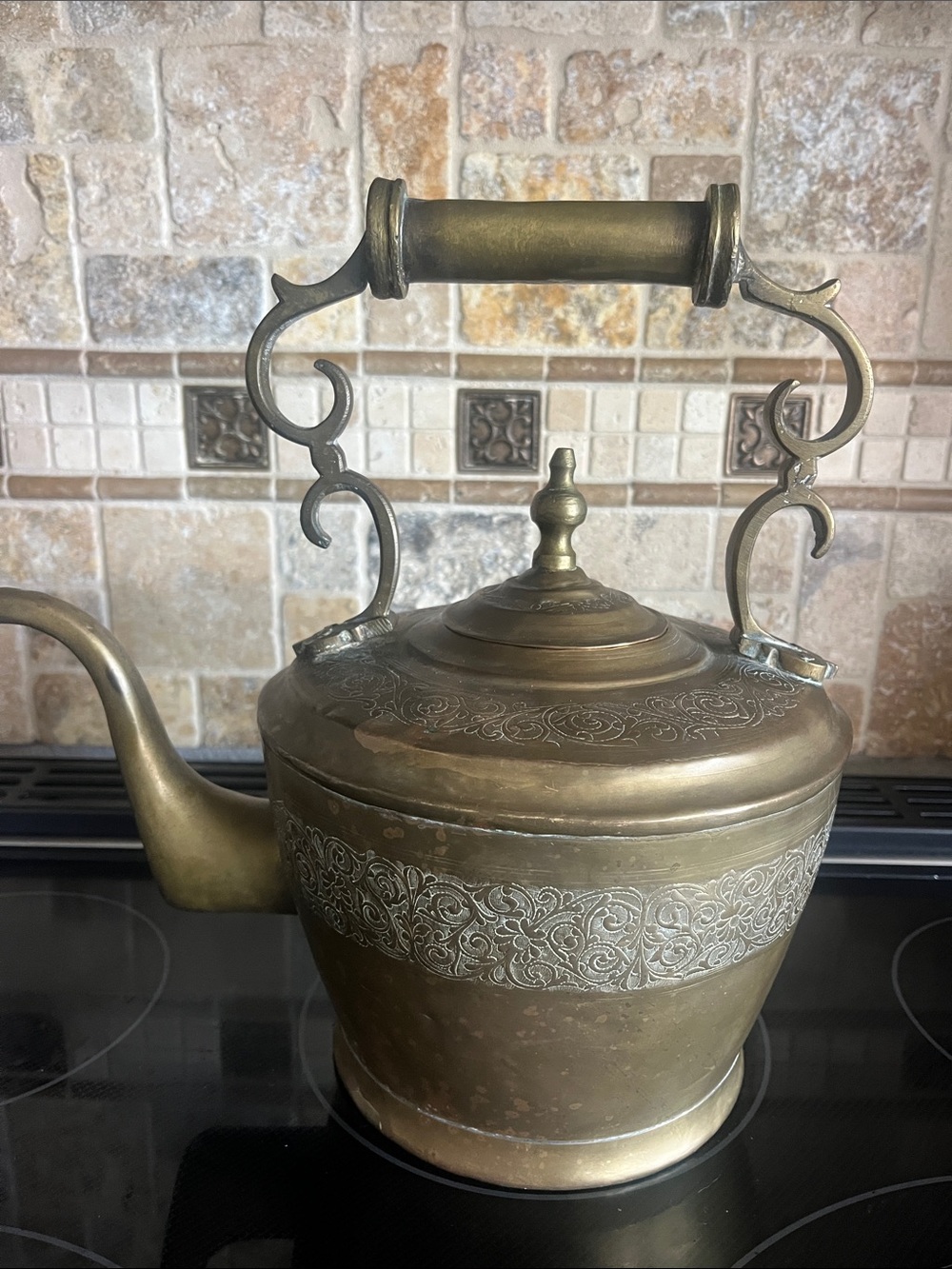 Vintage solid brass hand hammered Moroccan gooseneck spout tea kettle